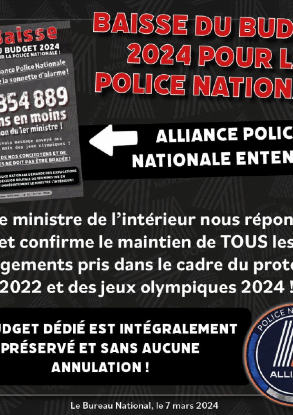 Baisse du budget de la police nationale ; Alliance PN entendu